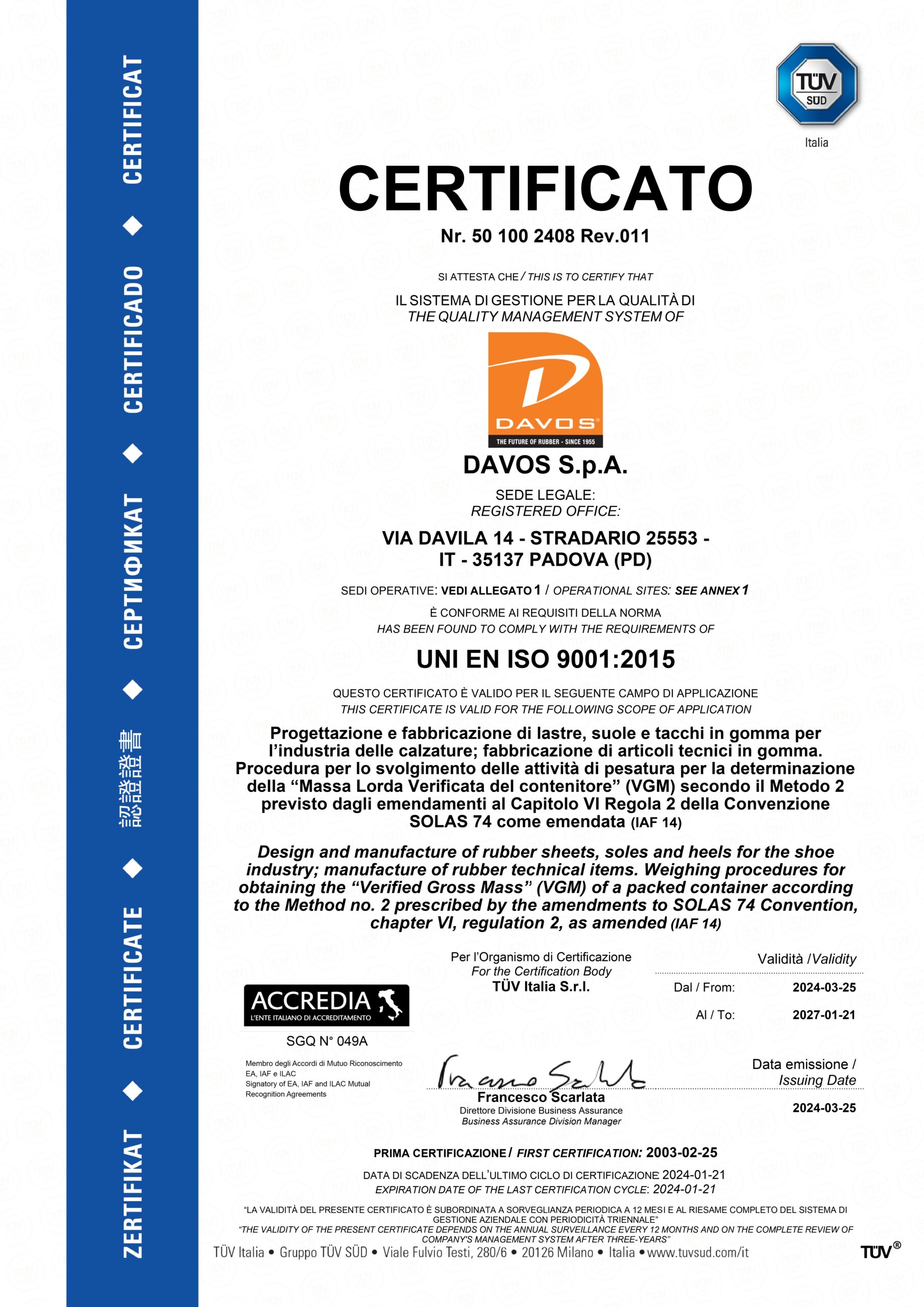 Davos ISO 9001:2015 certificate issued by TUV