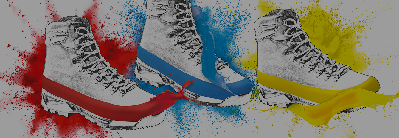 Illustrated trekking boots with red, blue and yellow paint splashes marking the band line