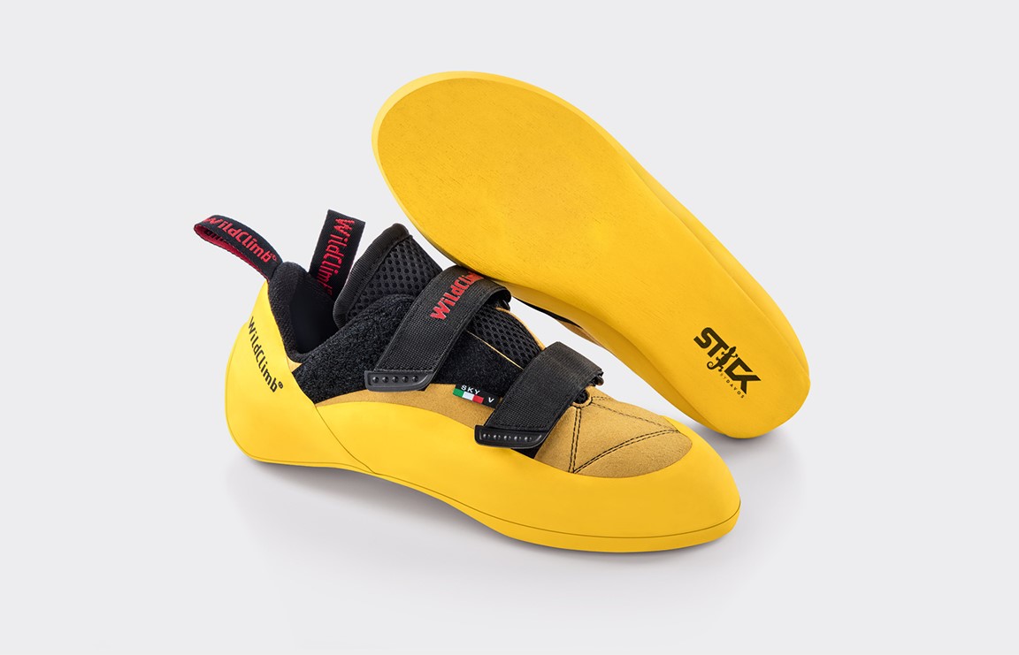 Four-panel collage of climbing shoe details, a climber, a wireframe mountain and a blue shoe with STICK sole