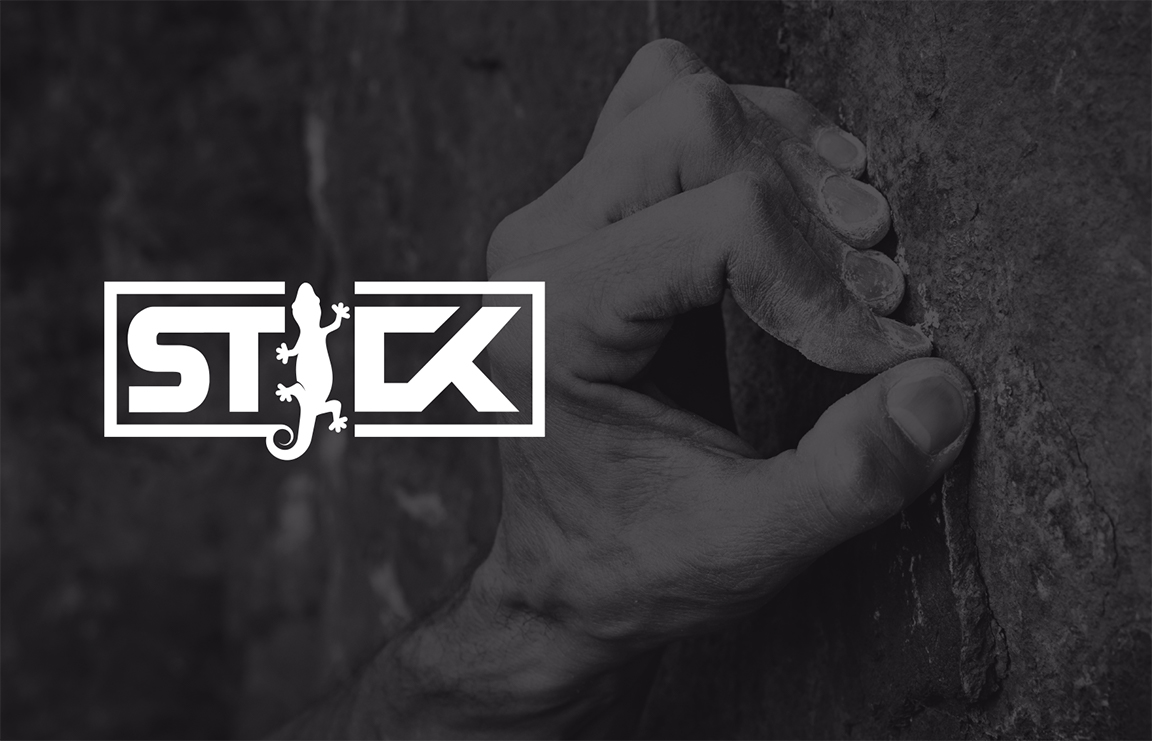 The STICK gecko logo over a climber's hand crimping on rock