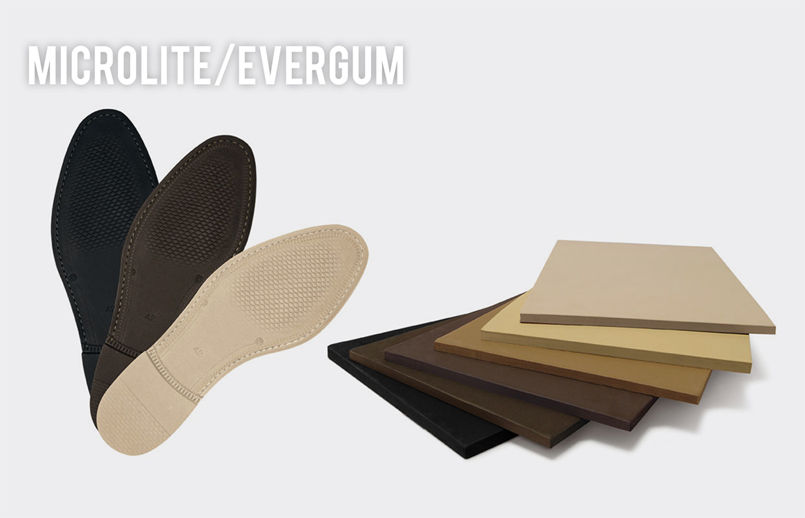 Microlite and Evergum insoles beside stacked expanded rubber sheets in black, brown, tan and sand
