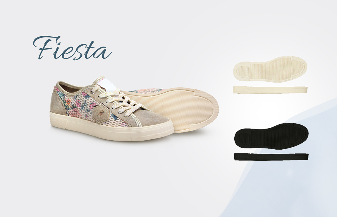 Fiesta board with a floral canvas sneaker and cream and black moulded soles
