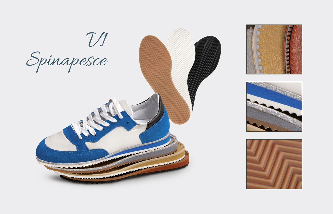 V1 Spinapesce board with a blue runner, stacked band layers and herringbone tread details