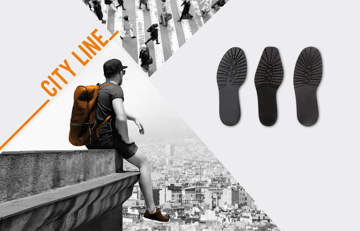 City Line sole units in black beside urban photography