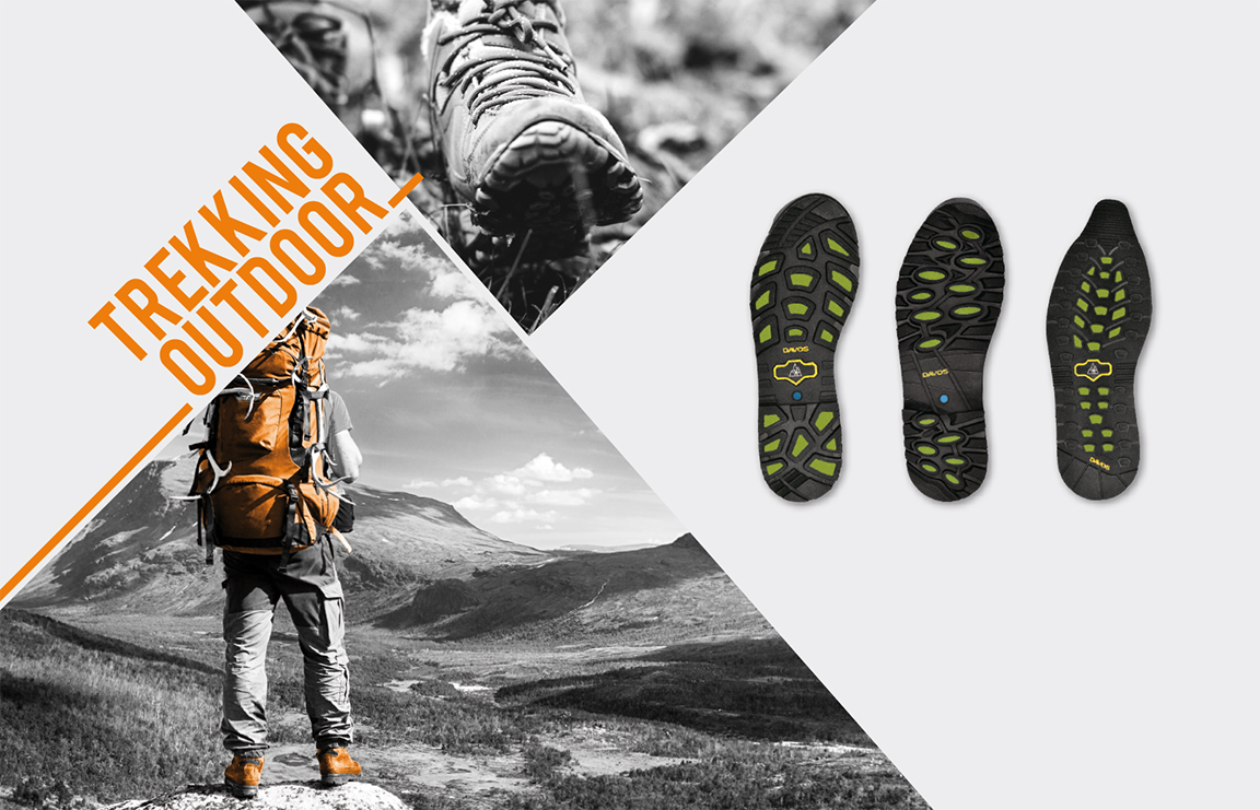 Trekking and outdoor sole units in black and lime beside hiking photography