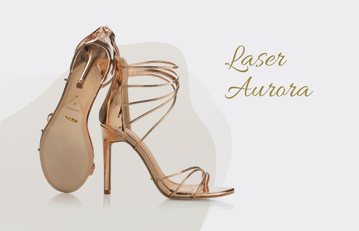 Rose-gold strappy sandal shown beside its nude Thunit sole, from the Laser Aurora board