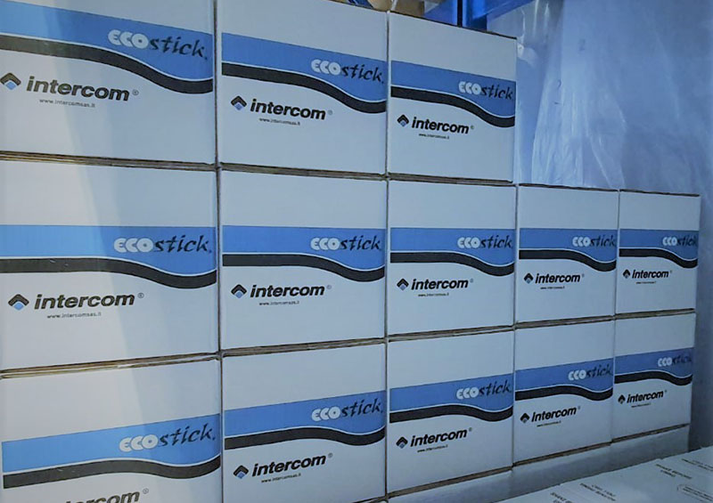 Cartons of Intercom Ecostick® water-based adhesive stacked in the warehouse