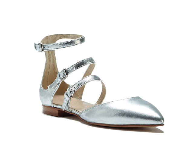 A silver flat sandal with ankle strap