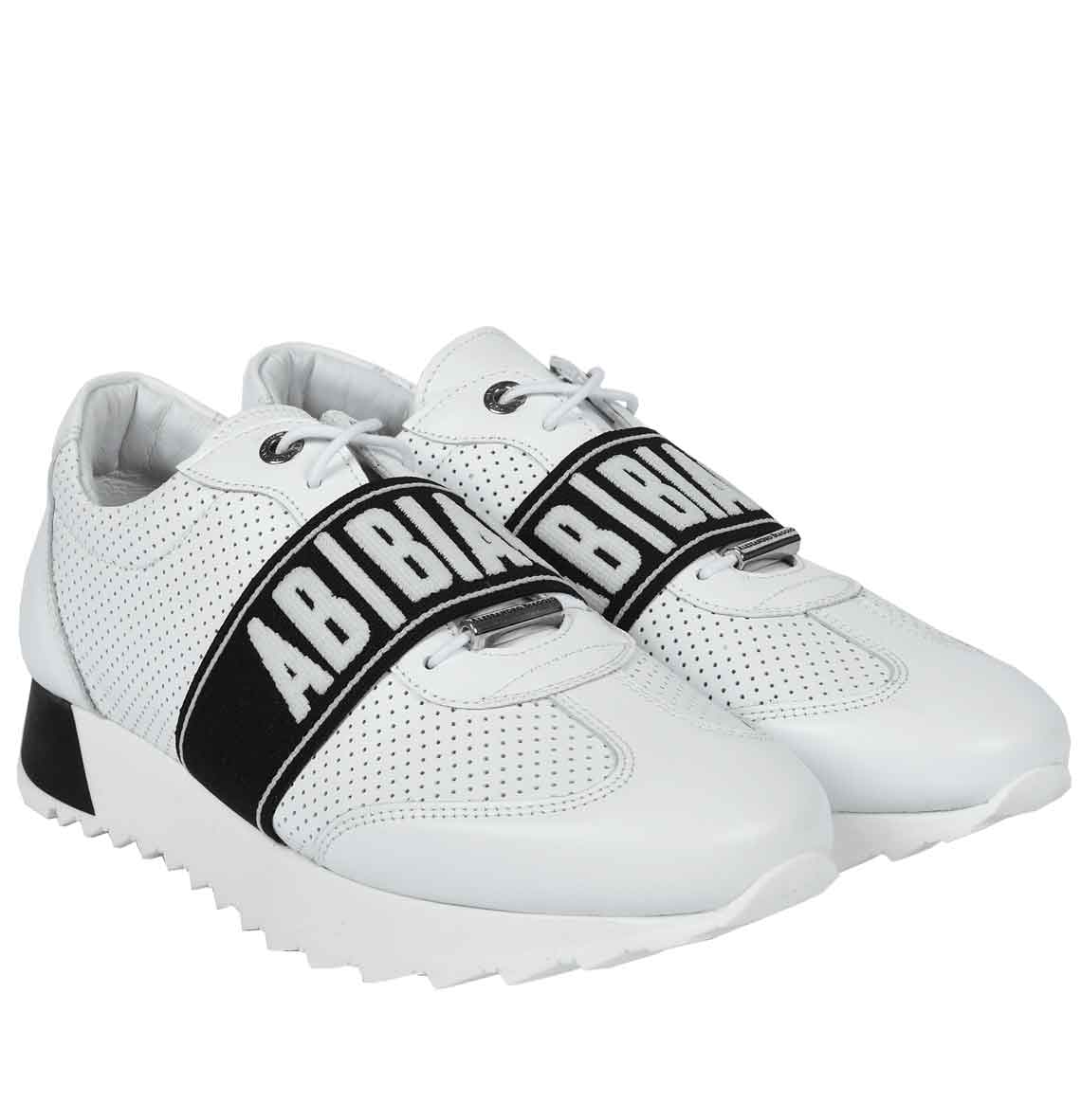 White sneakers with printed logo elastic straps