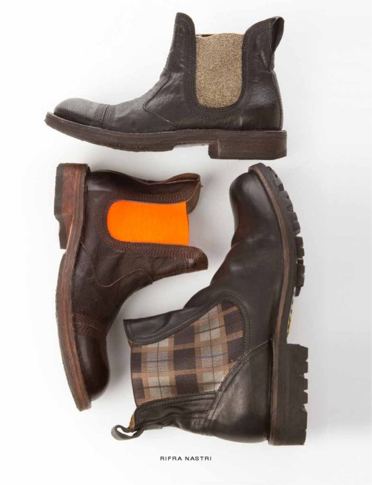 Three Chelsea boots with tonal, orange and tartan elastics