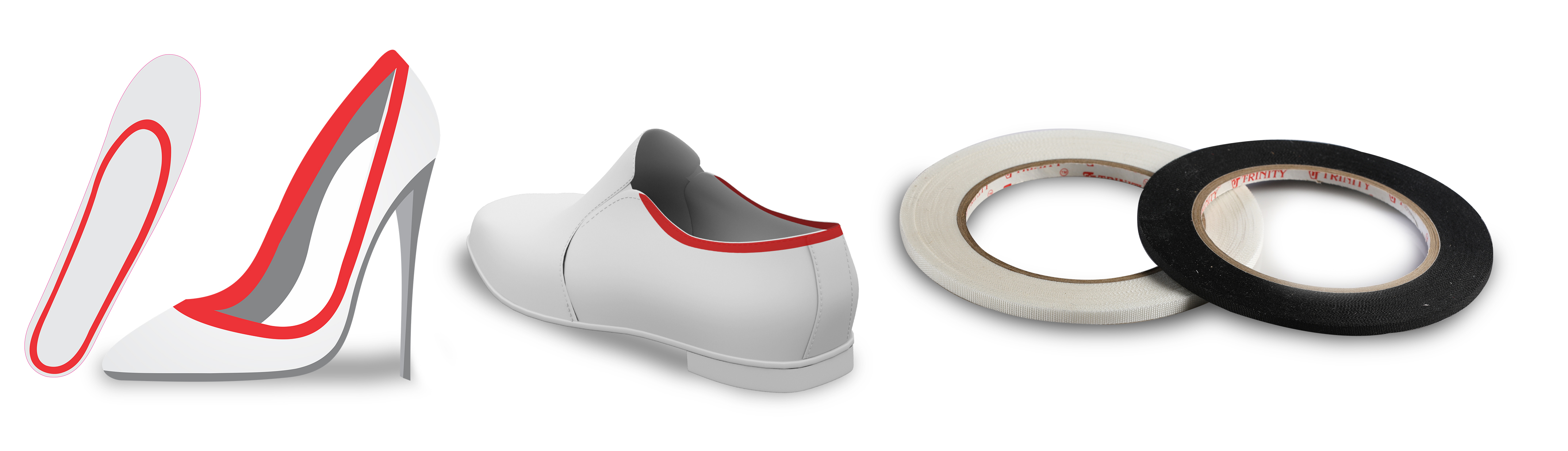 Trinity top-line reinforcement tape shown on a court shoe and a slip-on, beside white and black tape rolls